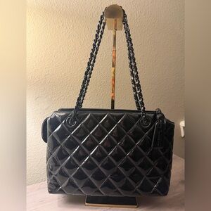 Black Patent Leather Chanel Matelasse Shoulder Bag With Black Leather Chain